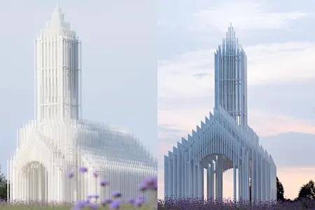 La chiesa senza ombre in Cina con migliaia di sottili travi bianche La chiesa senza ombre in Cina con migliaia di sottili travi bianche