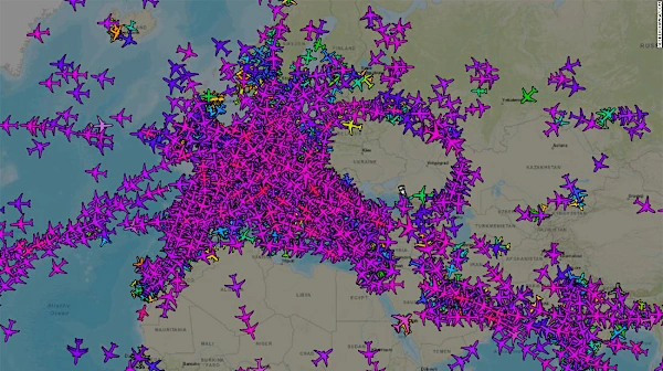 Image shows empty airspace over Ukraine and its border with Russia