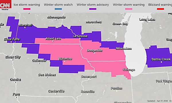 Το τέλος του Απριλίου χιονίζει το Άνω Midwest, με 15 εκατομμύρια άτομα κάτω από τις προειδοποιήσεις καταιγίδας