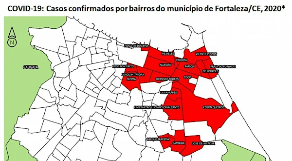 Mapa mostra os bairros de Fortaleza com casos confirmados de coronavírus 