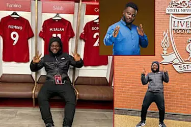 Sabinus shows off photos from visit to Anfield Stadium