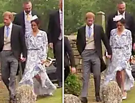 Meghan Markle STUMBLES in sky-high heels at Prince Harry’s cousin’s wedding