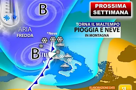 Meteo: PROSSIMA SETTIMANA, si avvicina una Perturbazione con PIOGGIA battente e NEVE